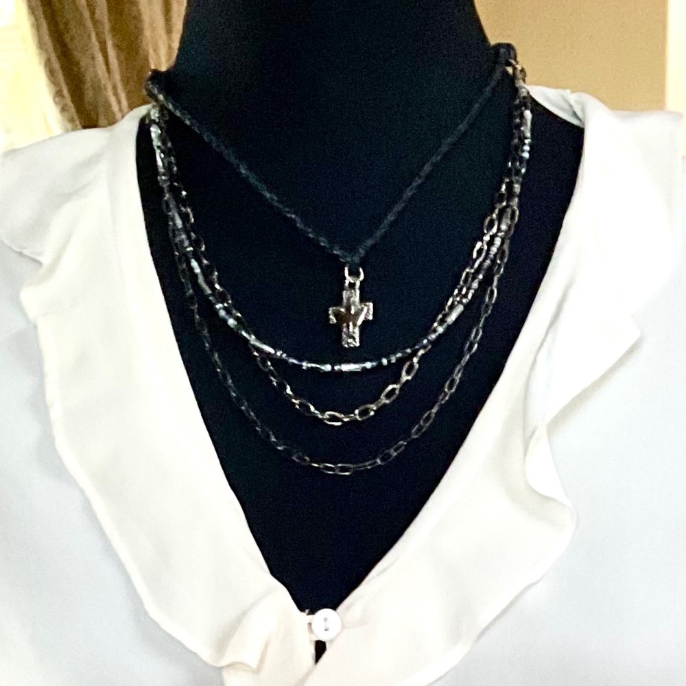 Four Strand Necklace with Silver Cross Adjustable - Picture 3 of 8
